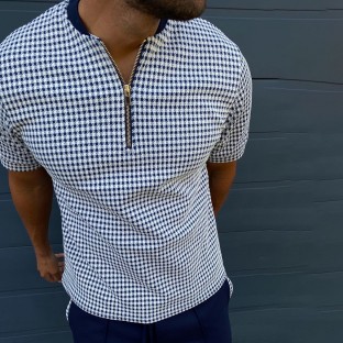 Houndstooth Collarless Short Sleeve Polo Shirt