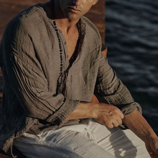 Men's Linen Half-open Collar Long-sleeved Shirt