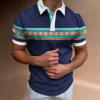 Men's Casual Western Ethnic Pattern Print Color Matching Short Sleeve Polo Shirt